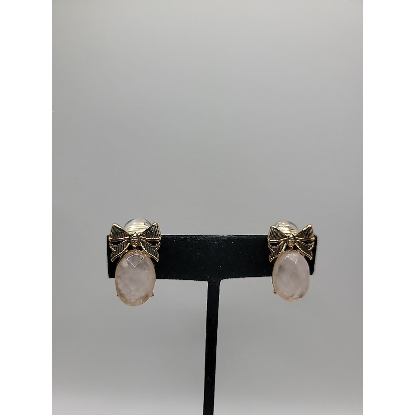Vintage Earrings Clip On Rose Quartz Bow Gold Tone Jewelry Costume 42$